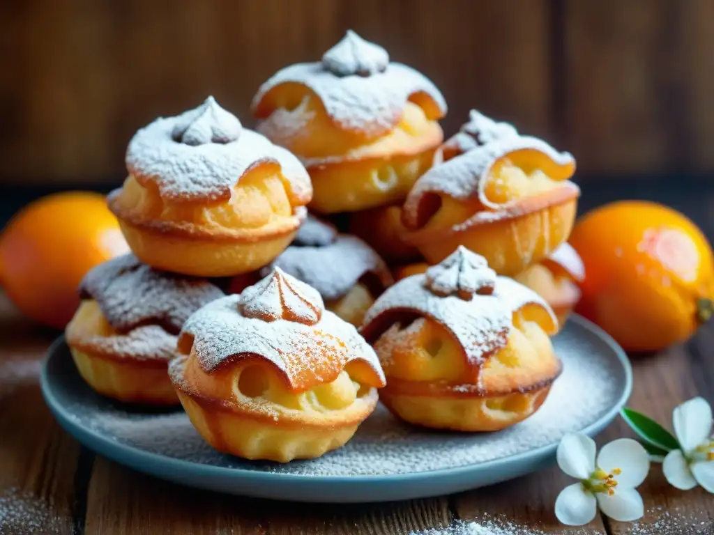 Deliciosa zeppole dorada con azúcar glaseado, en mesa de madera con flores naranjas frescas