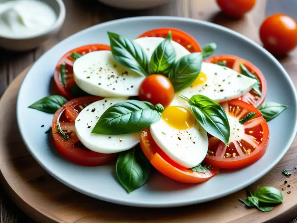 Deliciosa ensalada Caprese con ingredientes frescos y vibrantes sobre mesa rústica de madera