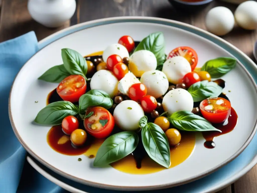 Deliciosa ensalada italiana fresca y tradicional con tomates maduros, albahaca, mozzarella, aceite de oliva y glaseado balsámico en plato rústico