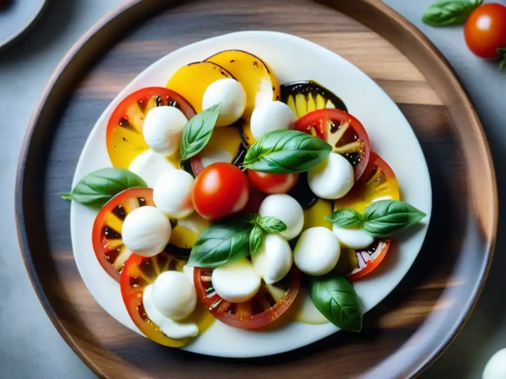 Deliciosa ensalada Caprese italiana con tomate, albahaca, mozzarella y glaseado balsámico en plato de madera