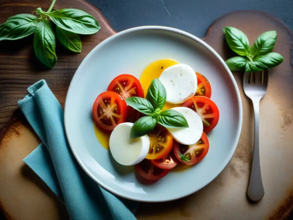 Una deliciosa ensalada caprese italiana con tomates, albahaca, mozzarella y aceite de oliva