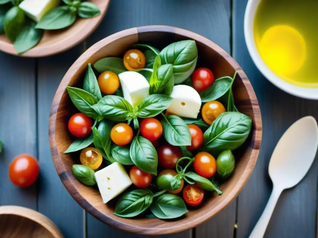 Deliciosa ensalada italiana con tomates cherry, albahaca, mozzarella, aceite de oliva y vinagre balsámico en un tazón de madera rústico al aire libre