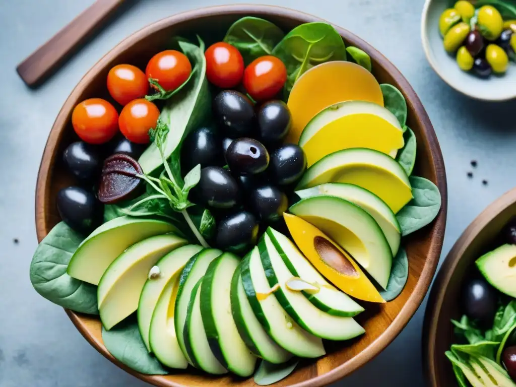 Deliciosa ensalada italiana vegana con ingredientes frescos y coloridos en plato de madera rústico