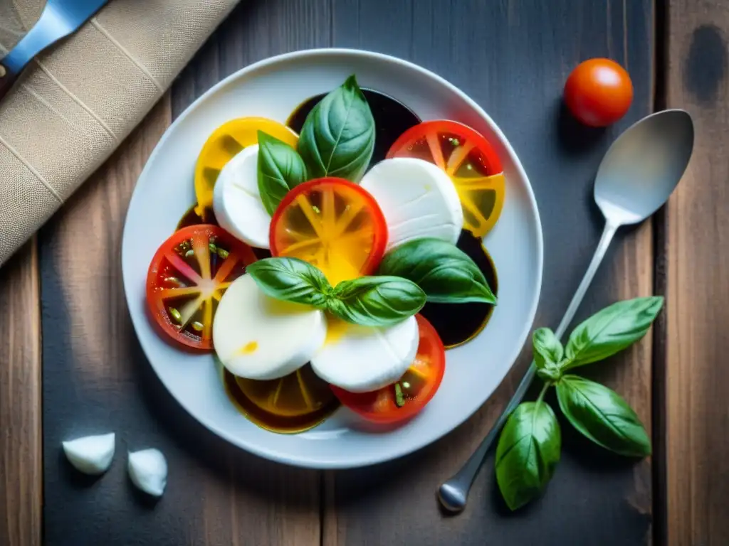 Deliciosa ensalada Caprese en mesa de madera rústica