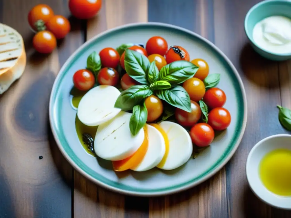 Deliciosa ensalada caprese con tomate, albahaca, mozzarella y aceite de oliva, ideal para maridajes vinos italianos comida vegetariana