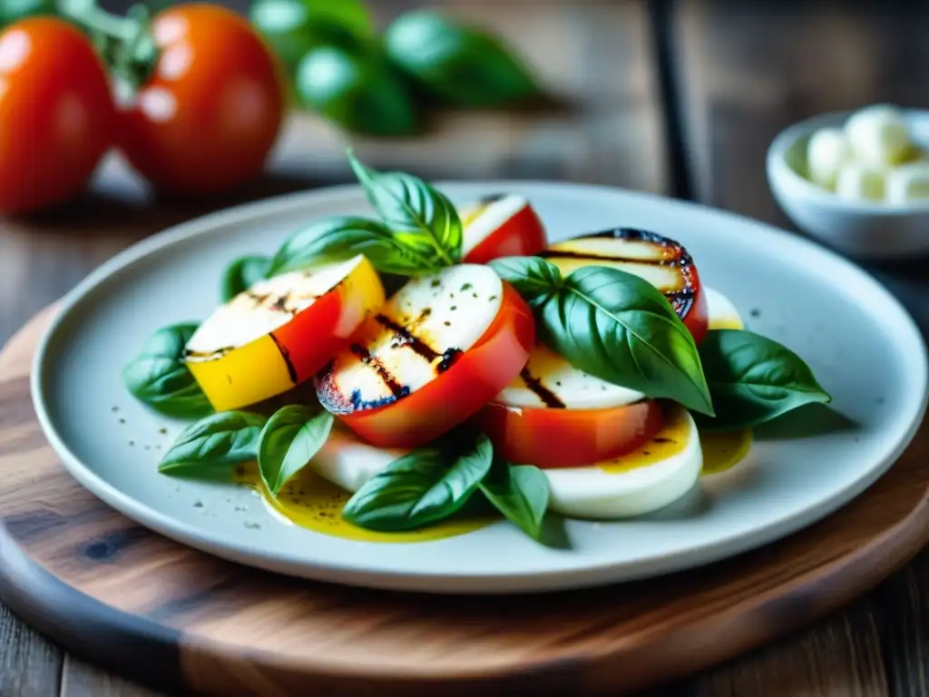 Deliciosa ensalada Caprese con tomates rojos, albahaca fresca, mozzarella y aceite de oliva