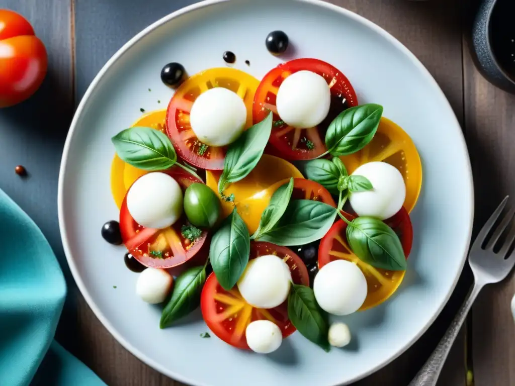 Una deliciosa Ensalada Caprese con un toque creativo, presentada de forma elegante en un plato vibrante y colorido sobre una mesa de madera rústica