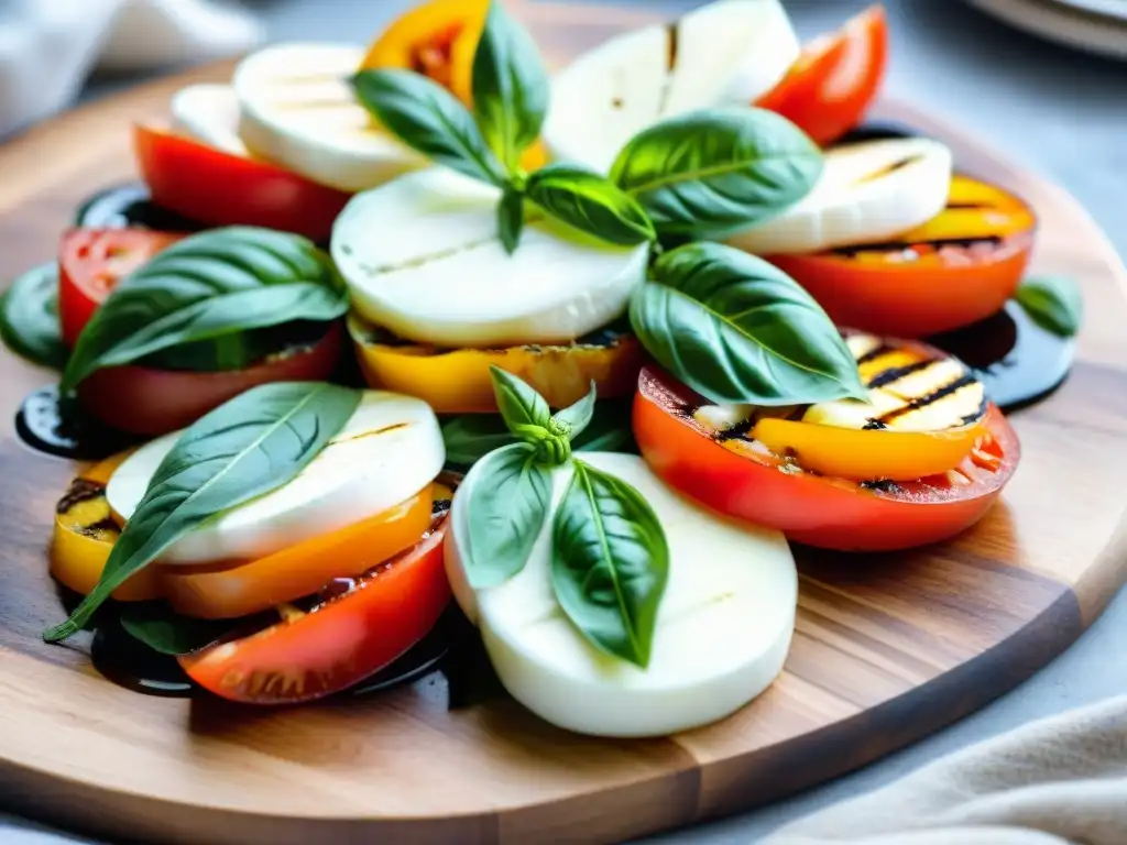 Deliciosa ensalada Caprese vibrante con tomate, albahaca, mozzarella y balsámico