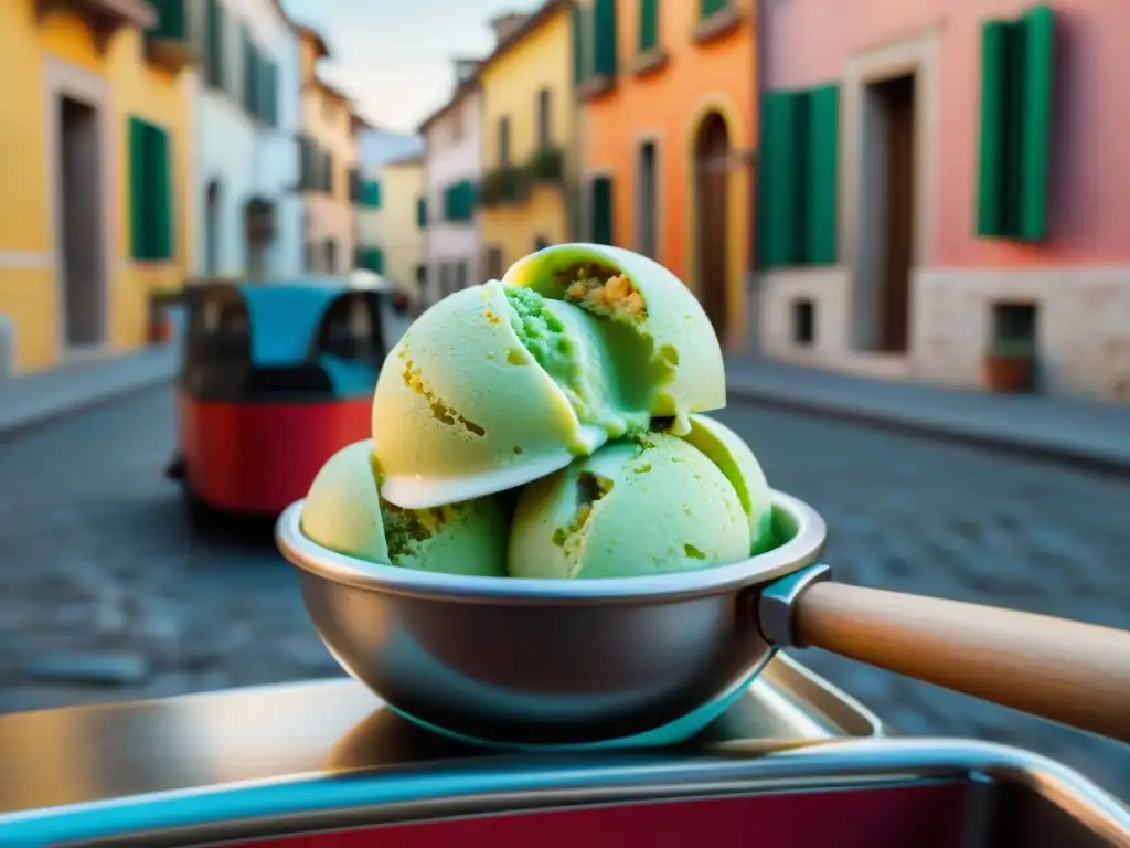 Deliciosa escena de gelato vegano de pistacho siendo servido en carrito italiano: gelatos veganos sabores innovadores