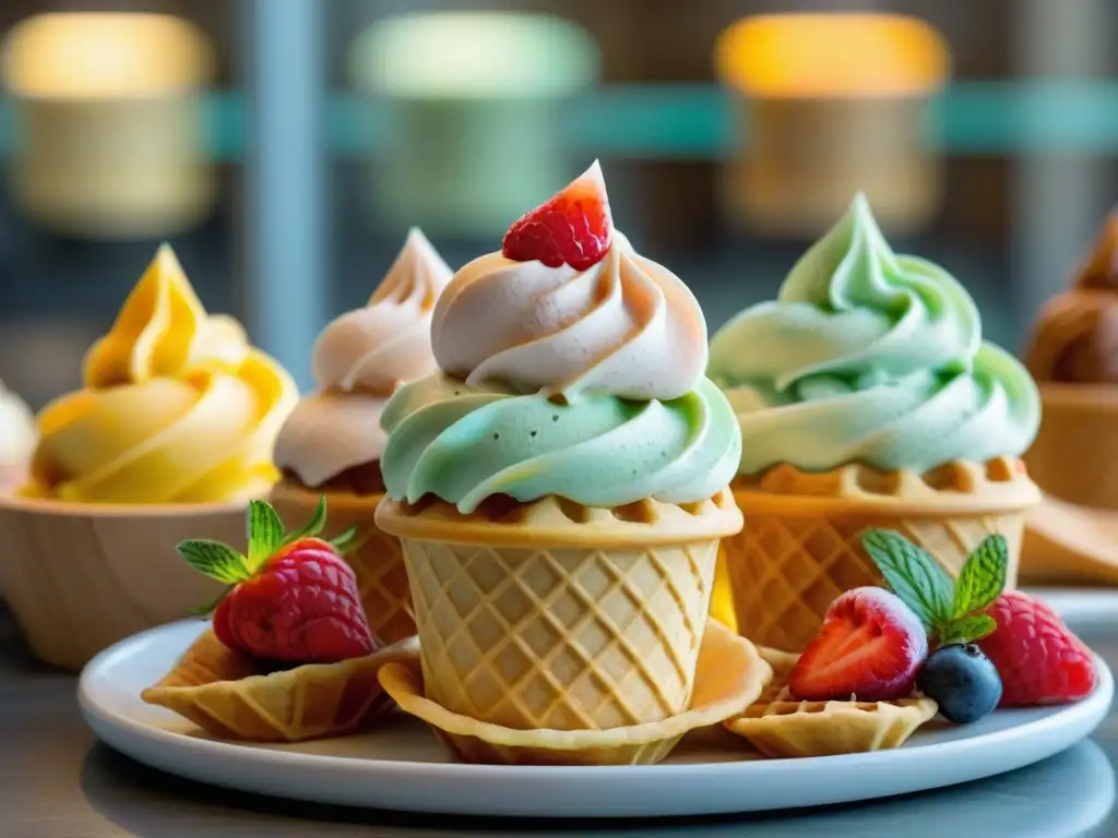 Deliciosa escena de un helado casero sobre un cono de gofre, en una animada heladería italiana