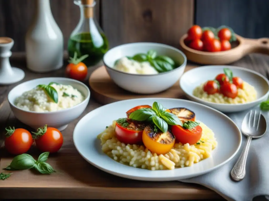 Una deliciosa escena de recetas italianas vegetarianas creativas en una mesa rústica