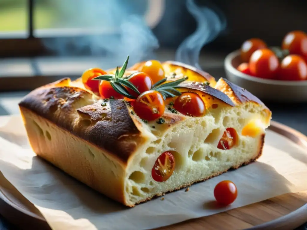 Deliciosa Focaccia Barese receta auténtica recién horneada, con crujiente corteza dorada, tomates cherry y romero, en cocina italiana tradicional