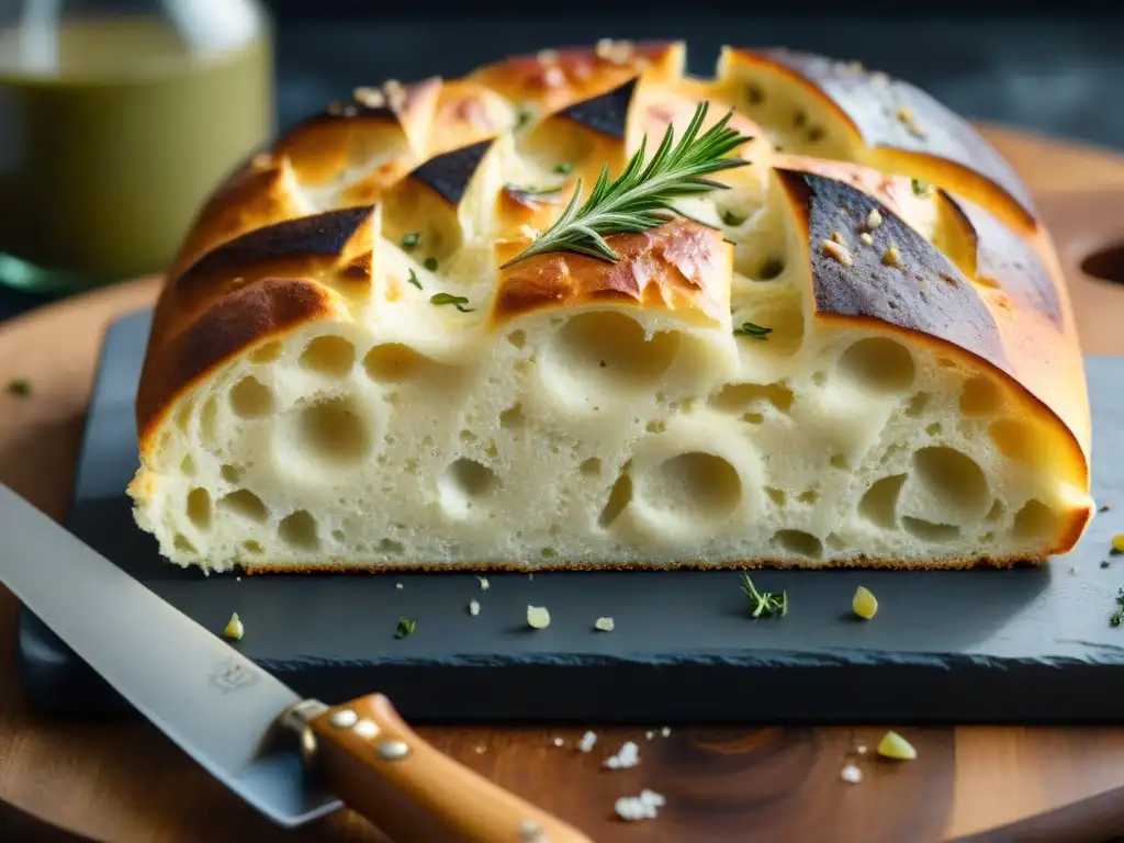 Deliciosa focaccia casera recién horneada, dorada y esponjosa, lista para saborear