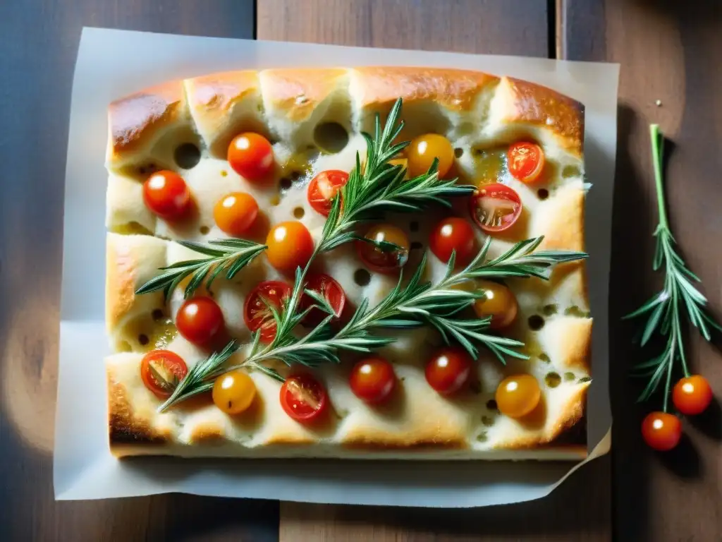 Deliciosa focaccia dorada recién horneada con aceite de oliva, romero, tomate y sal