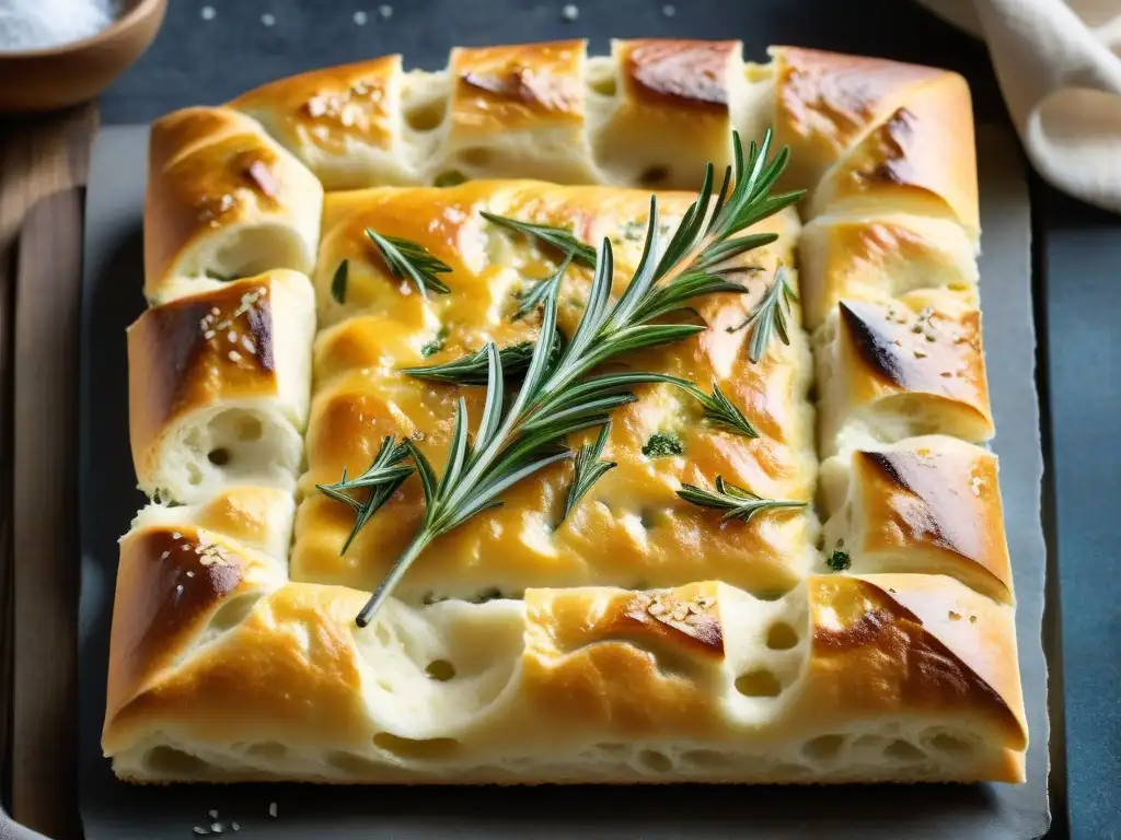 Deliciosa Focaccia Genovese recién horneada con costra dorada, romero y sal marina en un entorno rústico