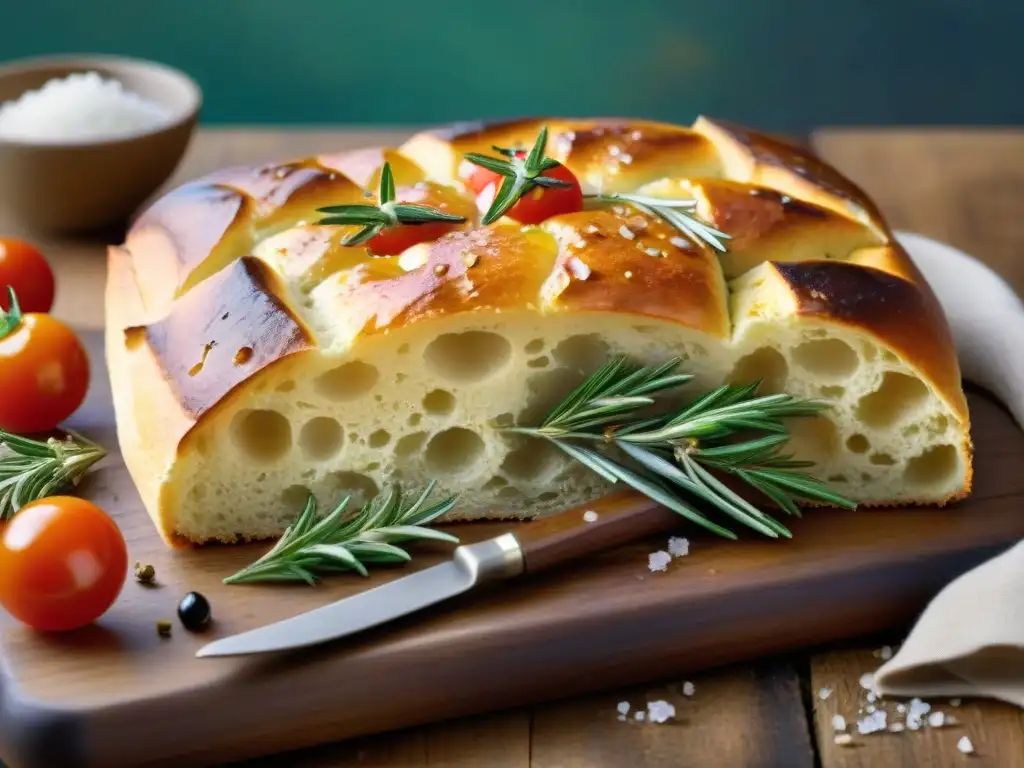 Deliciosa focaccia recién horneada en mesa rústica con romero y sal marina