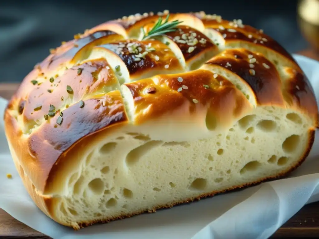 Deliciosa focaccia recién horneada con sal marina, romero y aceite de oliva, textura suave y crujiente