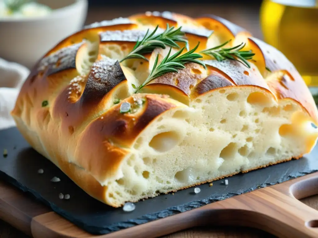 Deliciosa focaccia recién horneada sobre tabla rústica, con aceite de oliva, romero y sal