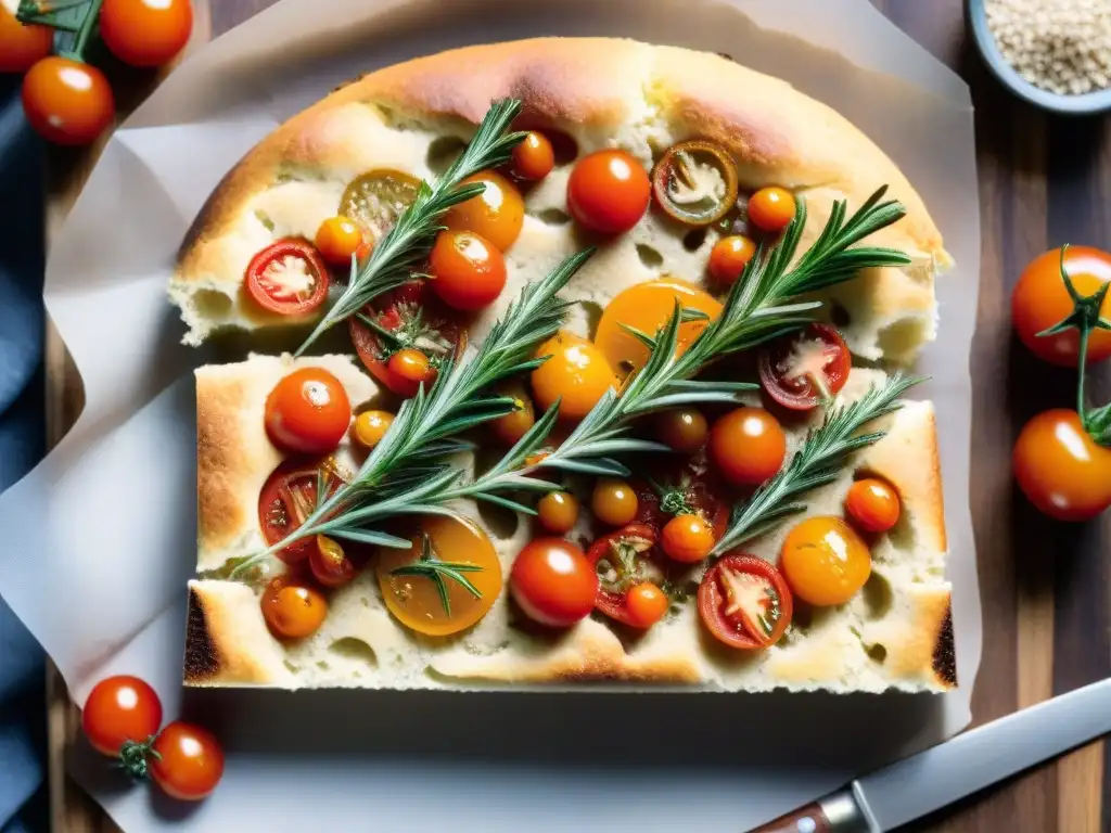 Deliciosa focaccia integral sin gluten receta, con tomates cherry, romero y sal marina en tabla de madera rústica