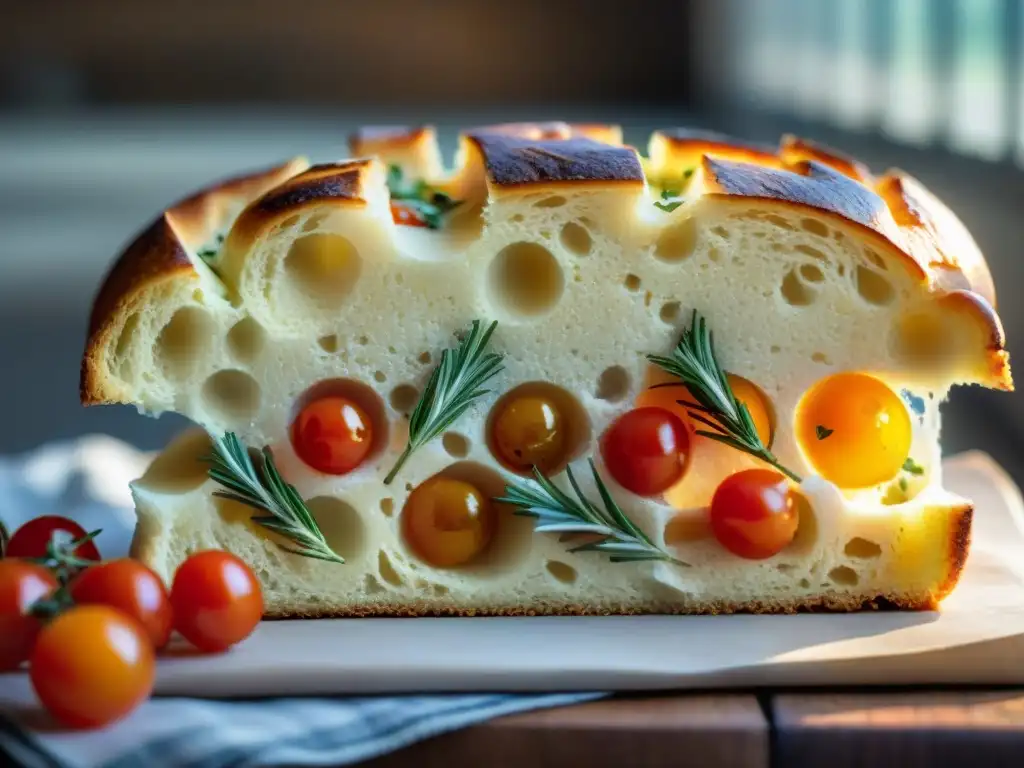 Deliciosa focaccia italiana recién horneada con tomates cherry, romero y sal marina, bañada por la luz del sol en una cocina acogedora