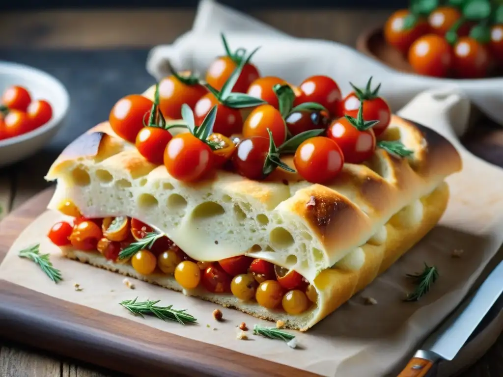 Deliciosa focaccia pan italiano vegetariano con tomates cherry y romero en tabla rústica