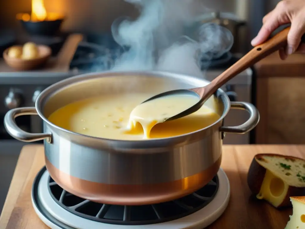 Deliciosa fonduta tradicional receta italiana en olla burbujeante con cuchara de madera, ambiente acogedor de cocina