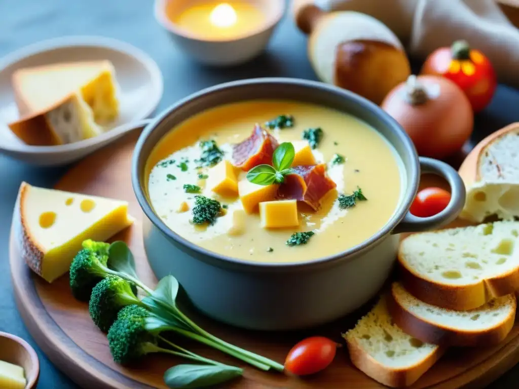 Deliciosa fonduta tradicional receta italiana con queso derretido, pan, vegetales y carnes curadas