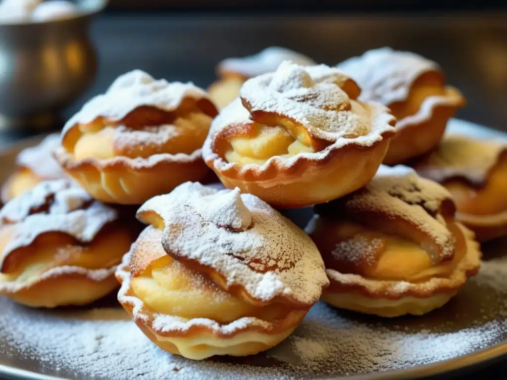 Deliciosa zeppola recién frita, dorada y crujiente, con azúcar glas y ambiente acogedor de panadería italiana