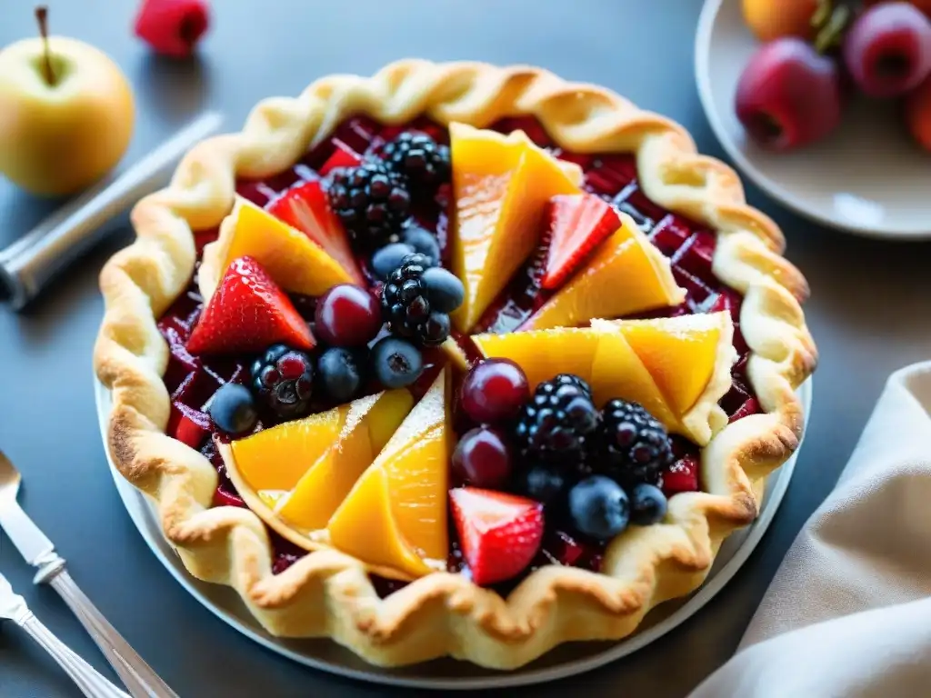 Deliciosa crostata de frutas recién horneada, con colores vibrantes y crujiente masa dorada