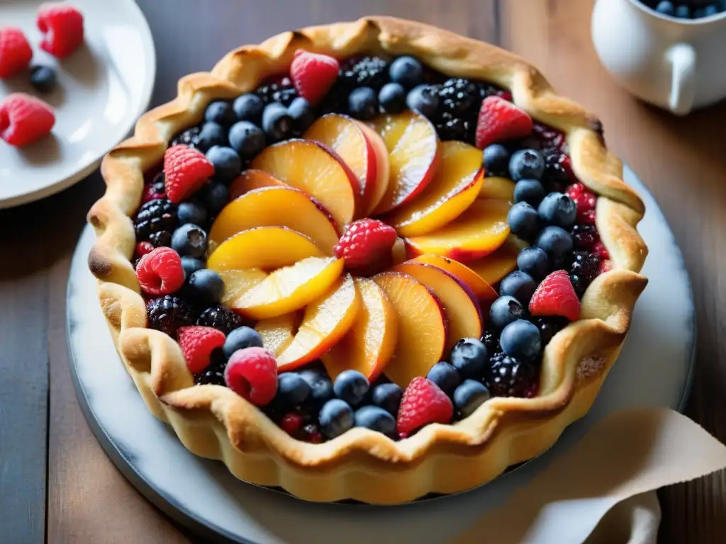 Deliciosa crostata de frutas recién horneada en una mesa rústica, bañada en luz natural