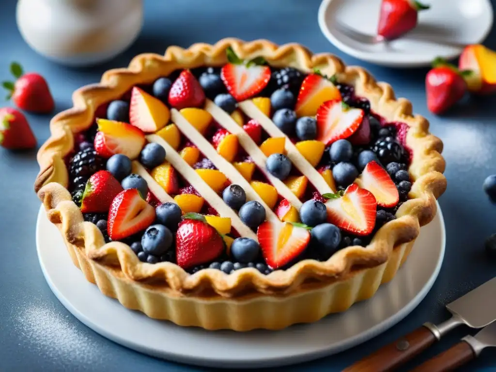 Deliciosa crostata de frutas recién horneada con crujiente masa dorada y frutas vibrantes