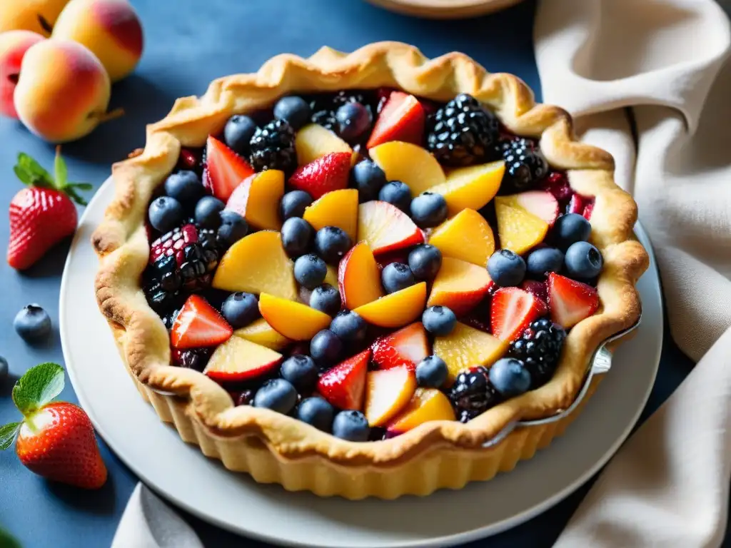 Deliciosa crostata de frutas recién horneada con una mezcla colorida de fresas, arándanos y duraznos