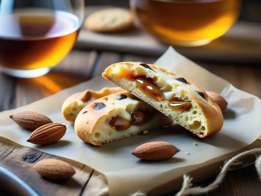 Delicioso cantucci toscano con Vin Santo en mesa rústica Deliciosa galleta cantucci de almendra bañada en Vin Santo, en mesa de madera