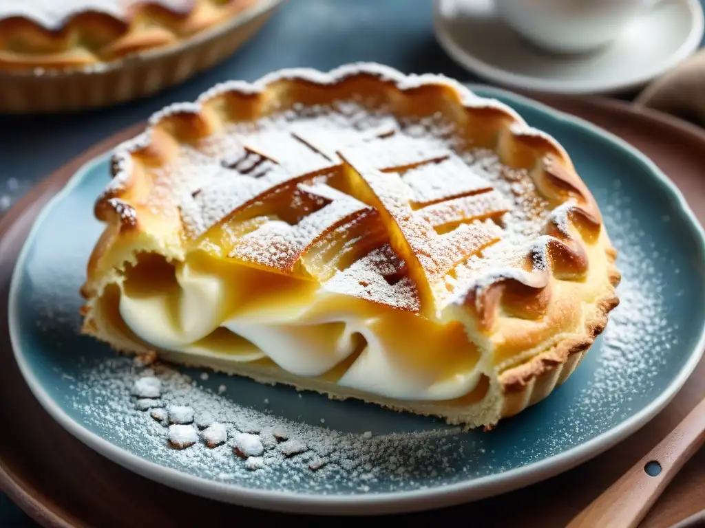 Deliciosa galleta rellena Genovesi da Erice: capas de hojaldre con crema de ricotta, espolvoreada con azúcar glass, en plato siciliano