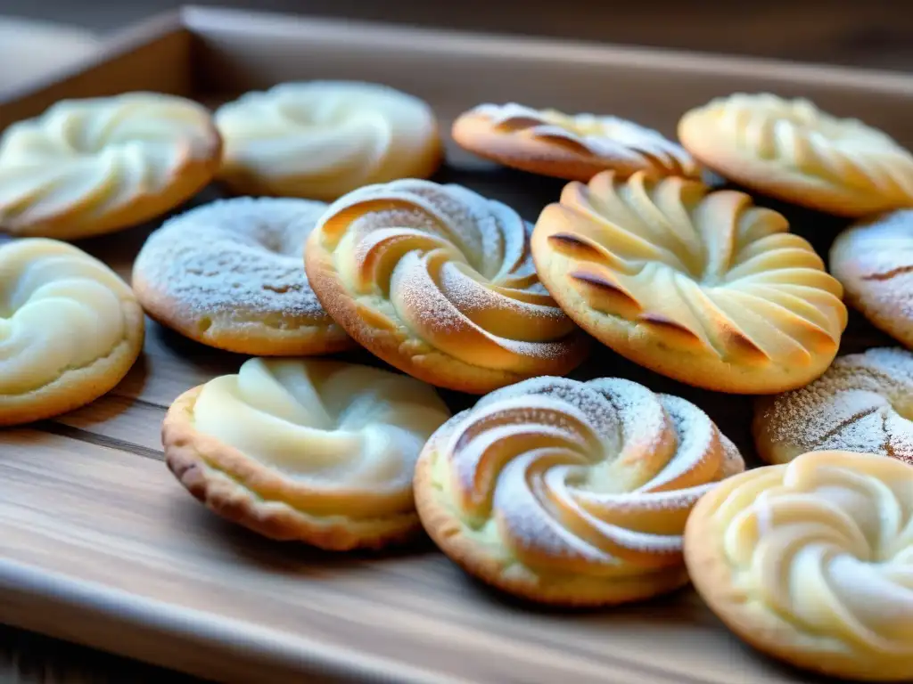 Deliciosa galleta italiana Torcetti al burro recién horneada sobre mesa rústica de madera, con brillo de glaseado y aroma tentador