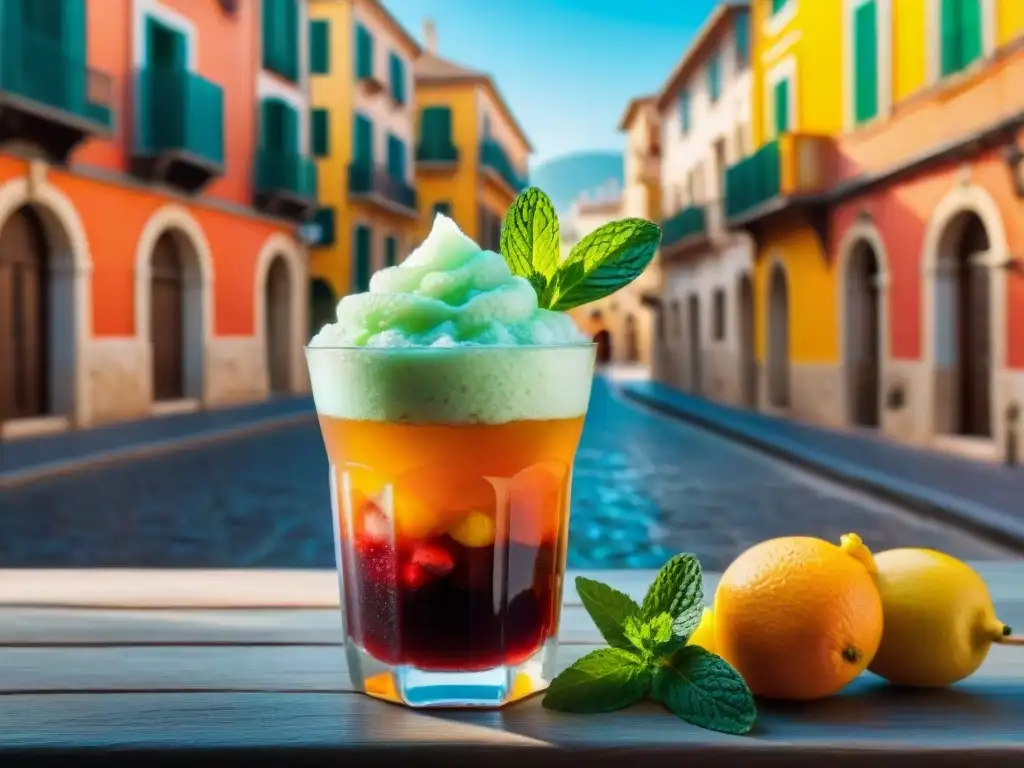 Deliciosa granita siciliana en vaso tradicional, adornada con frutas y hojas de menta, bajo el sol en una calle siciliana