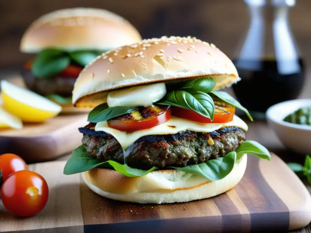 Deliciosa hamburguesa gourmet estilo italiano con mozzarella, tomates secos, albahaca y pesto casero, servida en focaccia tostada