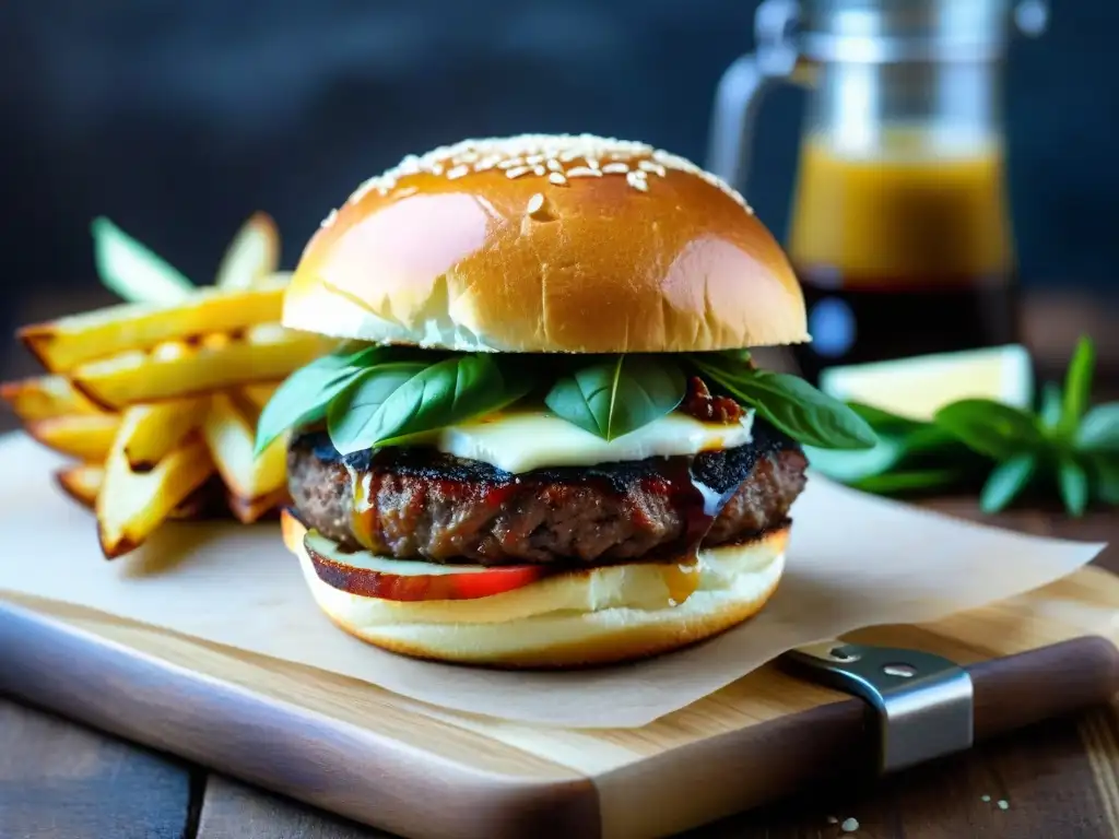 Deliciosa hamburguesa gourmet italiana con jugosa carne, mozzarella derretida, albahaca fresca, tomates secos y balsámico, en pan brioche tostado