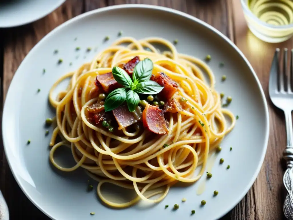 Deliciosa historia auténtica salsa carbonara tradicional, con panceta crujiente, queso pecorino y pimienta negra