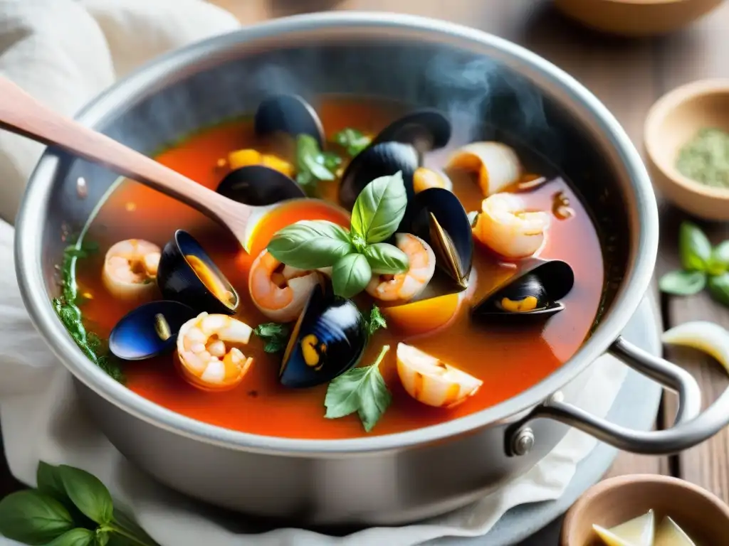 Una deliciosa historia de Cioppino en una cocina italiana: caldo de tomate con mariscos frescos y hierbas aromáticas, listo para saborear