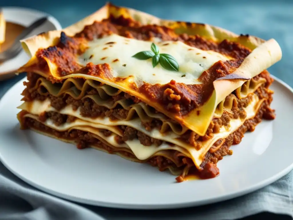 Una deliciosa lasaña boloñesa recién horneada, con capas de pasta, salsa de carne y queso derretido, resaltando su autenticidad