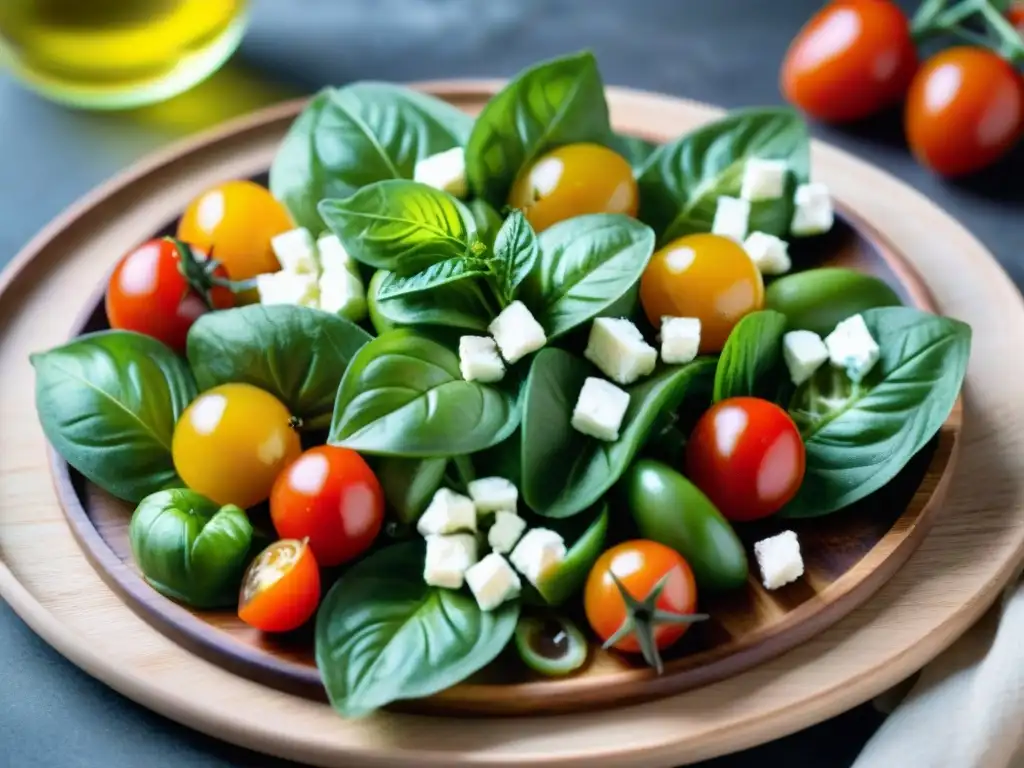 Deliciosa ensalada mediterránea con ingredientes frescos, resaltando la longevidad con cocina italiana