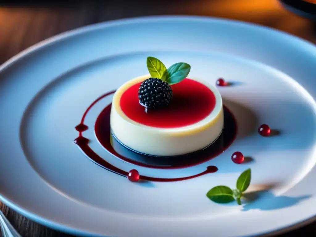 Deliciosa panna cotta molecular italiana con coulis de frambuesa y caviar de vinagre balsámico, decorada con micro hojas de albahaca