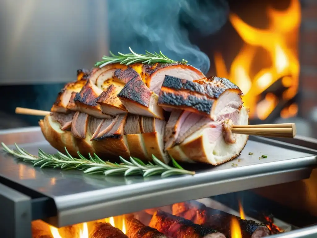 Deliciosa porchetta italiana asándose a la parrilla sobre llamas abiertas