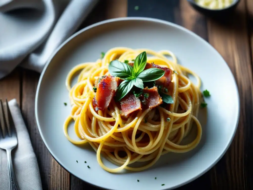 Deliciosa carbonara italiana con pasta al dente, salsa cremosa de huevo y queso Pecorino, panceta crujiente y pimienta negra