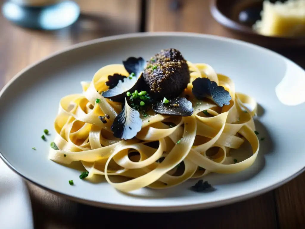 Deliciosa guía trufa cocina italiana: tagliatelle con trufa, queso ParmigianoReggiano y aceite de trufa, un festín para los sentidos