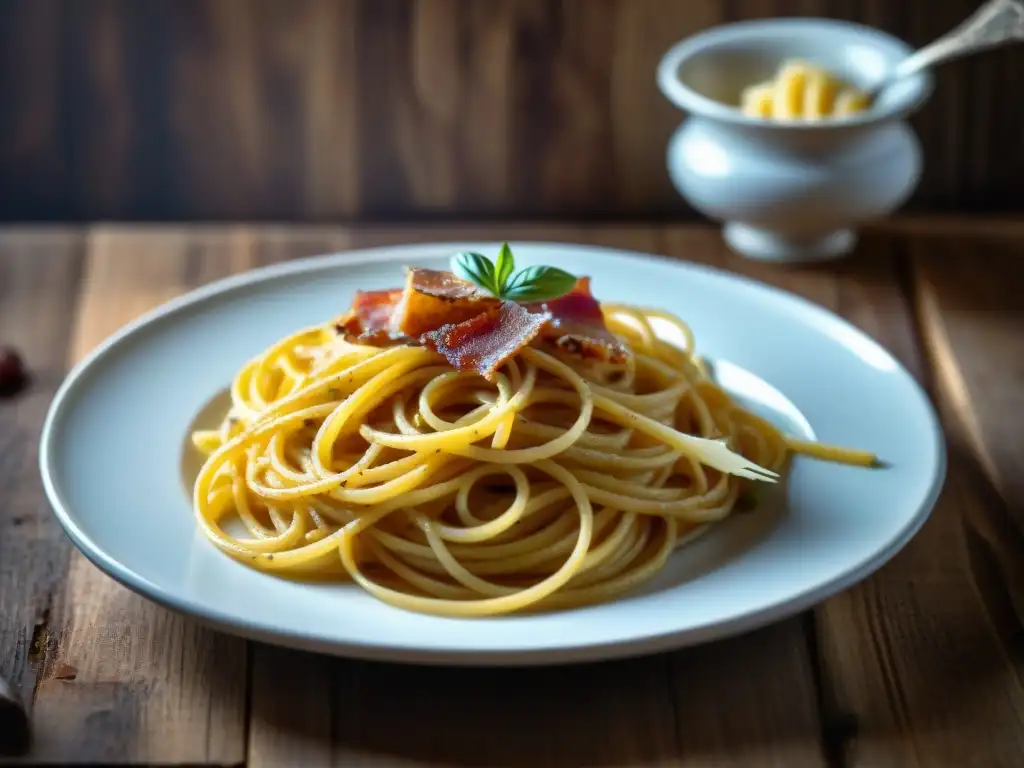 Deliciosa carbonara italiana con queso pecorino y panceta crujiente en una mesa rústica