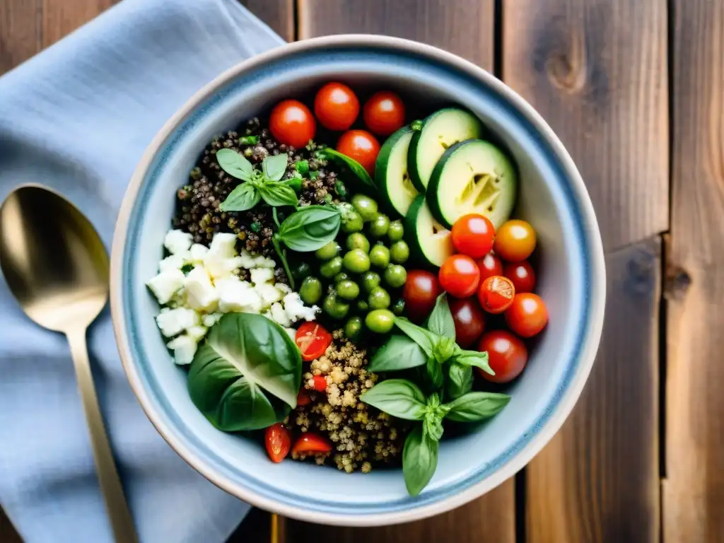 Deliciosa ensalada mediterránea con quinoa italiana, tomates, pepino, albahaca, queso feta y balsámico