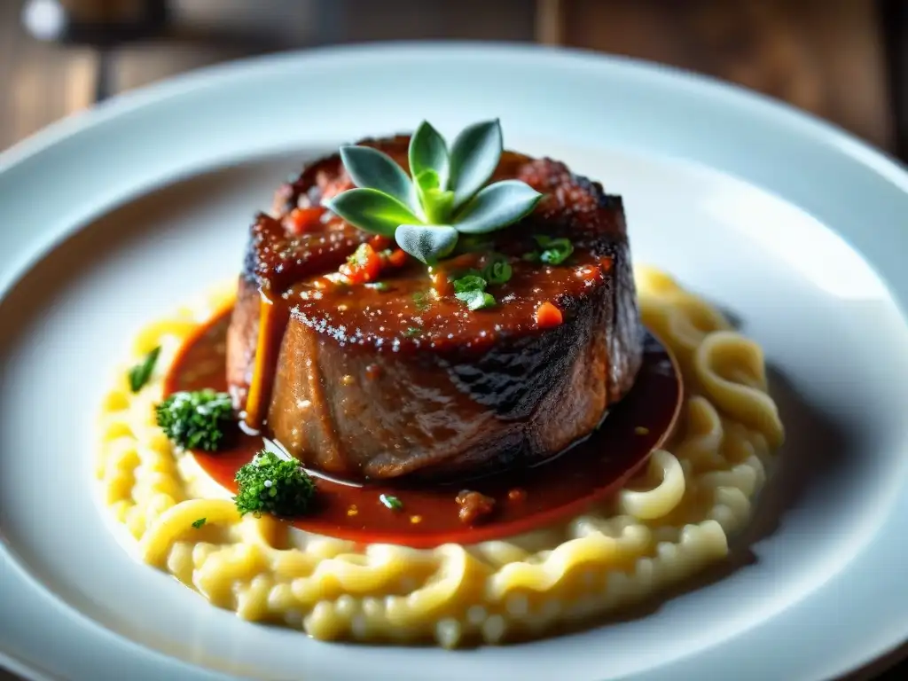 Deliciosa osso buco italiano con risotto de azafrán en trattoria acogedora