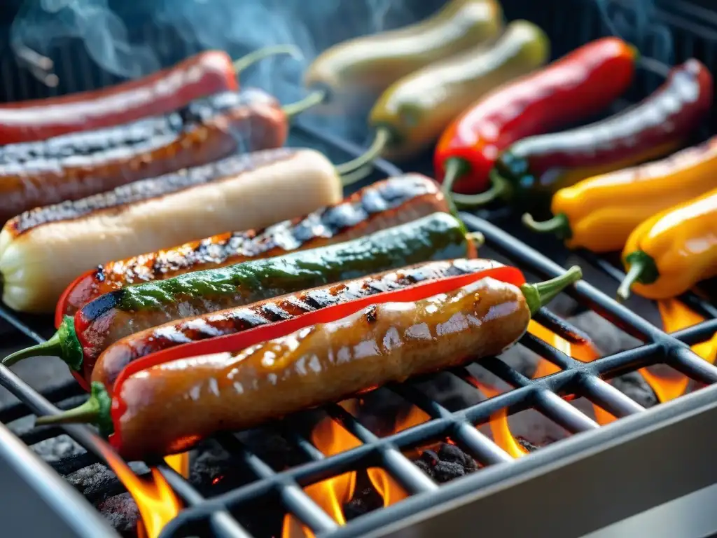 Deliciosa salsiccia e peperoni italianos asándose en la parrilla, con colores y texturas vibrantes